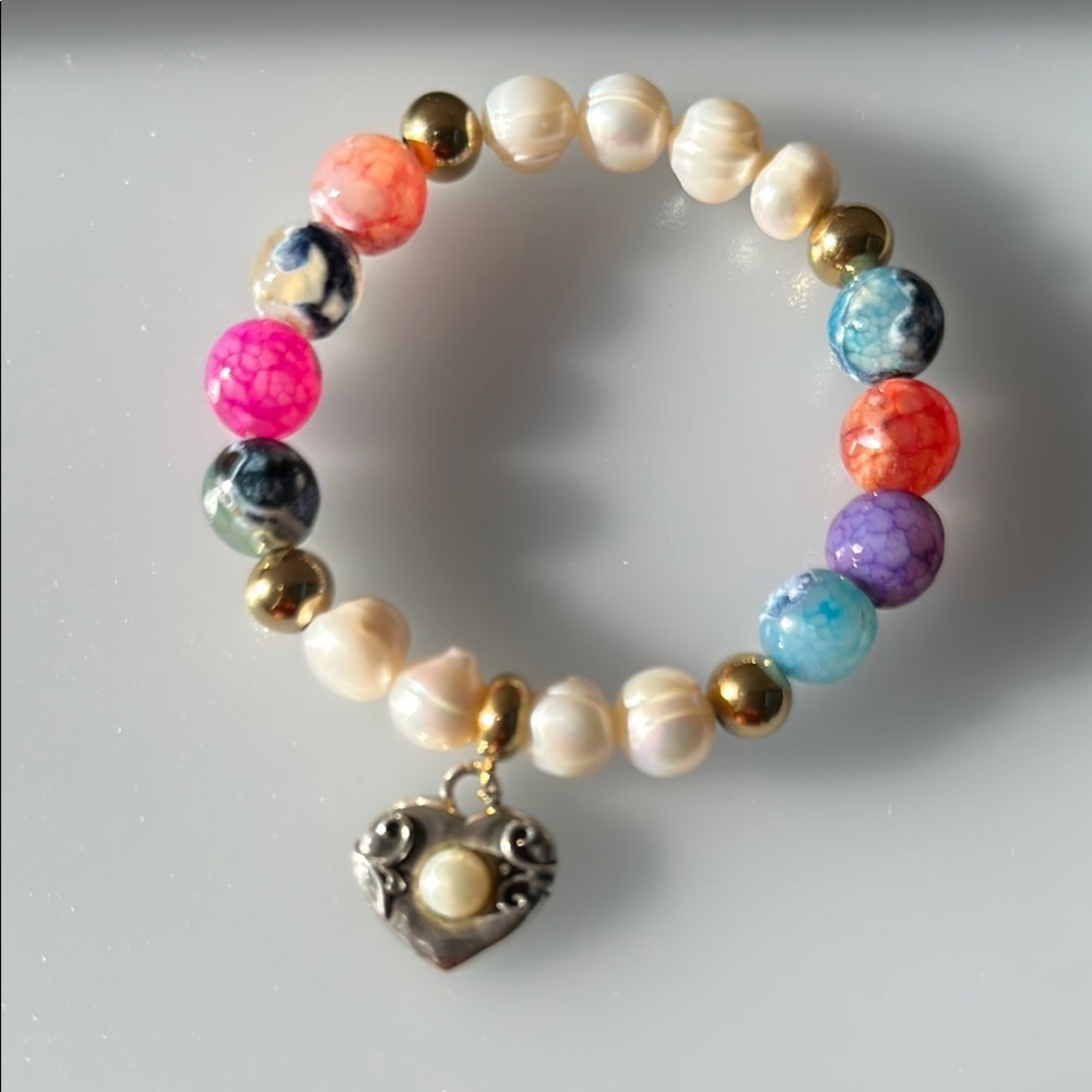 925 Silver Freshwater Pearls Real Stones And Gold Beaded Bracelet